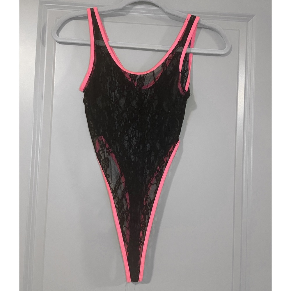Lace high wasted neon pink and black laced body suit Size Small